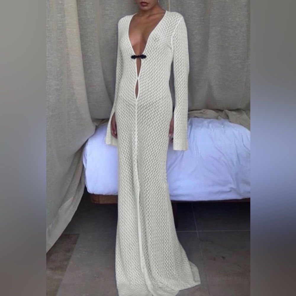 Crochet long sleeve maxi beach dress